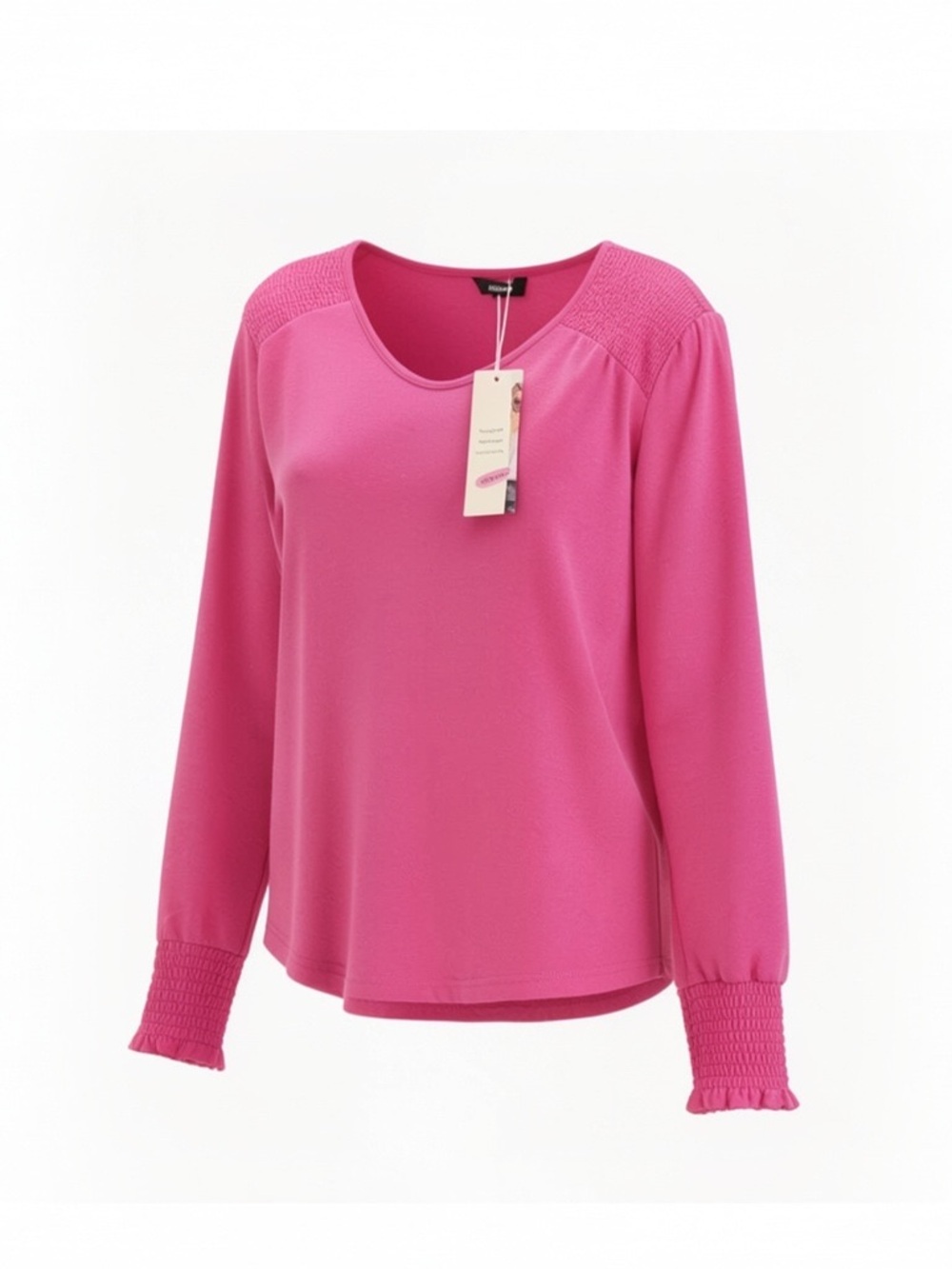 Hot Pink Long Sleeve Scoop Neck Top with Smocked Details
